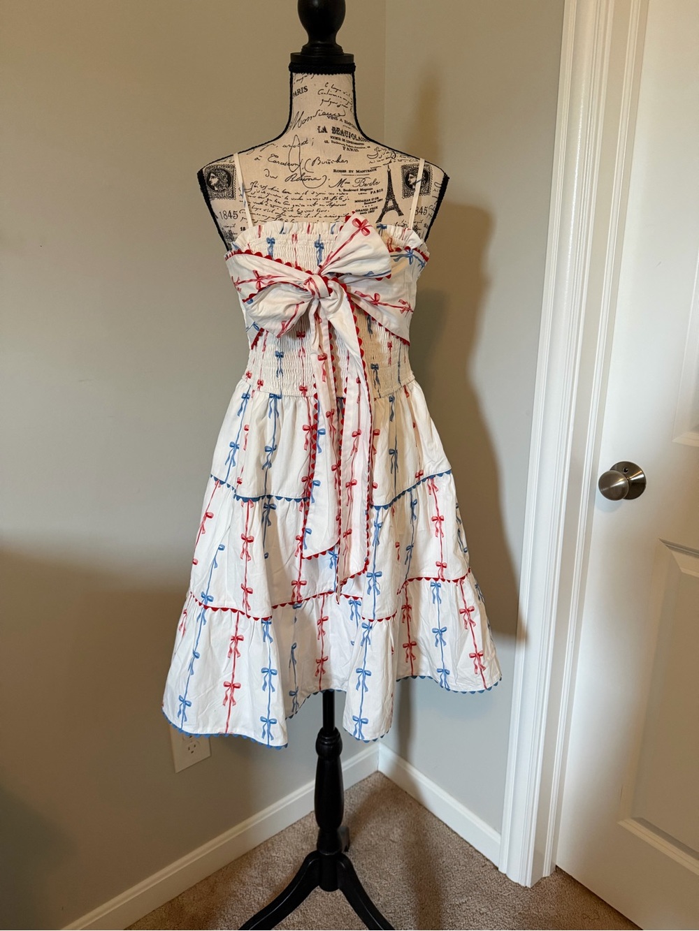 Southern charm White Smocked Sundress with Red & Blue Bow Detail size L